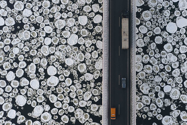 Ice floe on the Vistula river near village Kiezmark in northern Poland.