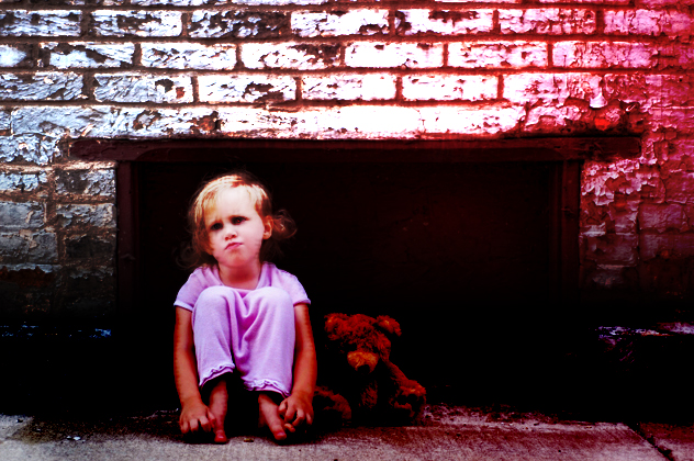 Grumpy Little Girl on Sidewalk with Teddy Bear