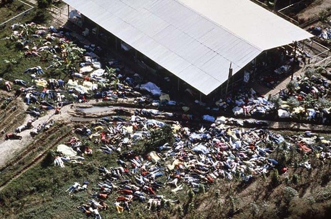 JONESTOWN, GUYANA - NOVEMBER 18: (NO U.S. TABLOID SALES) Dead bodies lie around the compound of the People's Temple cult November 18, 1978 after the over 900 members of the cult, led by Reverend Jim Jones, died from drinking cyanide-laced Kool Aid; they were victims of the largest mass suicide in modern history. (Photo by David Hume Kennerly/Getty Images)